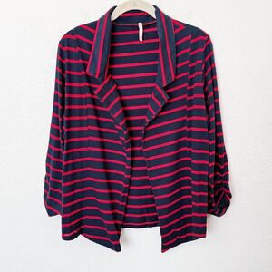 [Olivia Moon] Red Navy Striped Open Front Knit Blazer Jacket 3/4 Sleeves Size XL